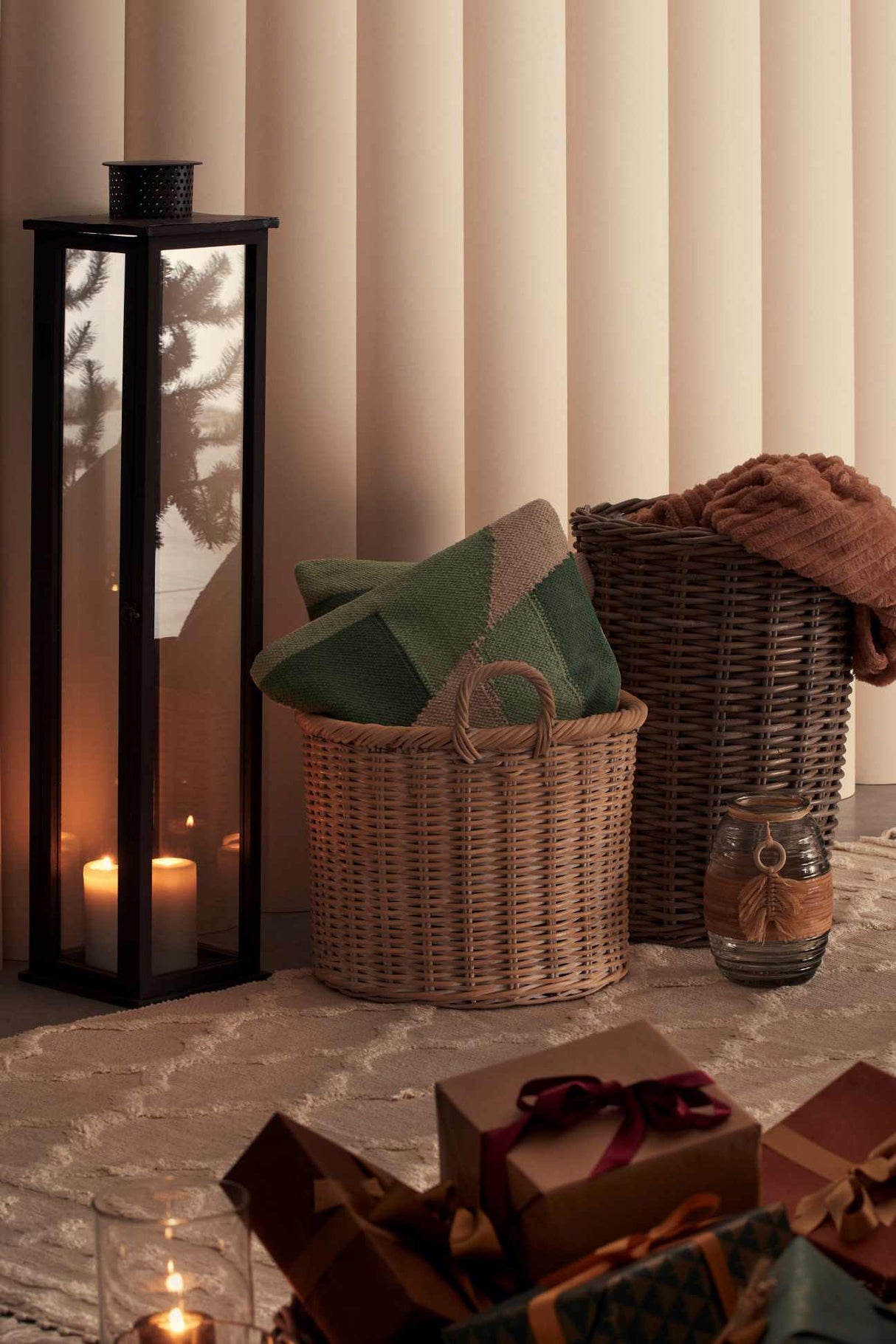 Bizzotto Set of 3 Torsti Lanterns Black Wood, Glass and Metal