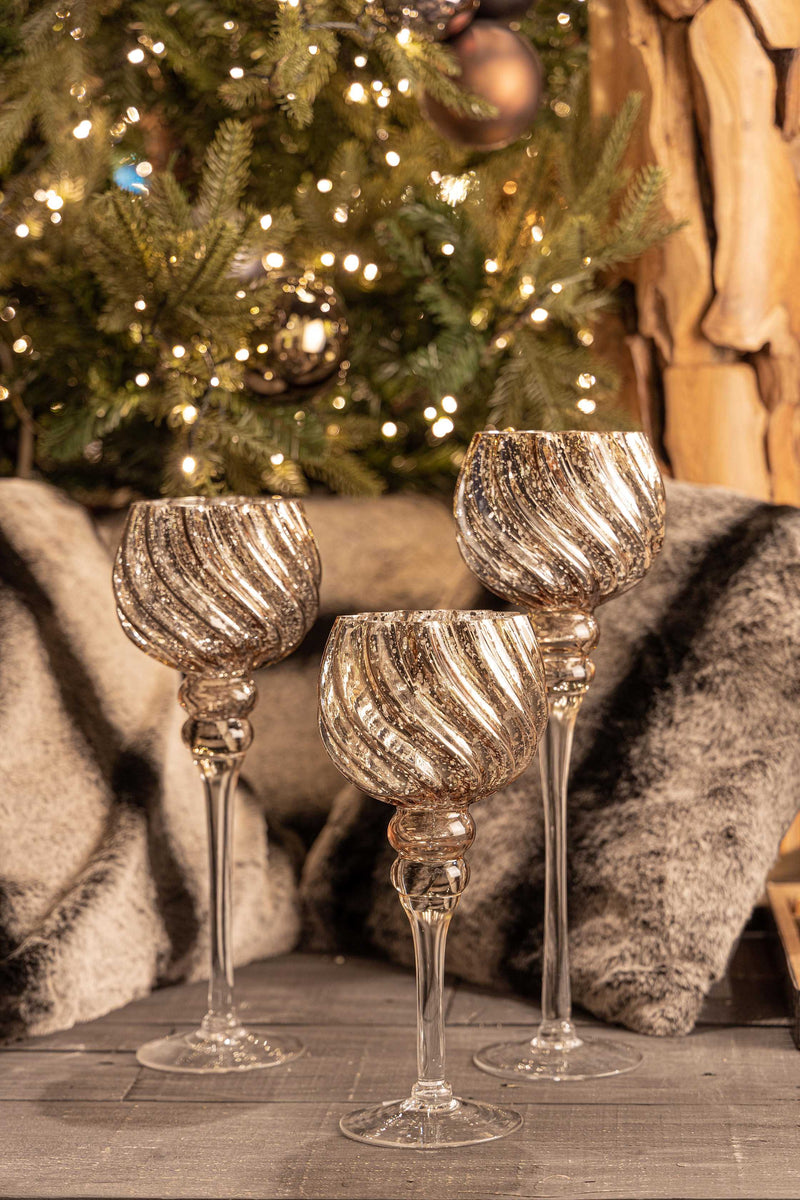 Bizzotto Set of 3 Isabell Christmas Candle Holders, Bronze Glass Chalice