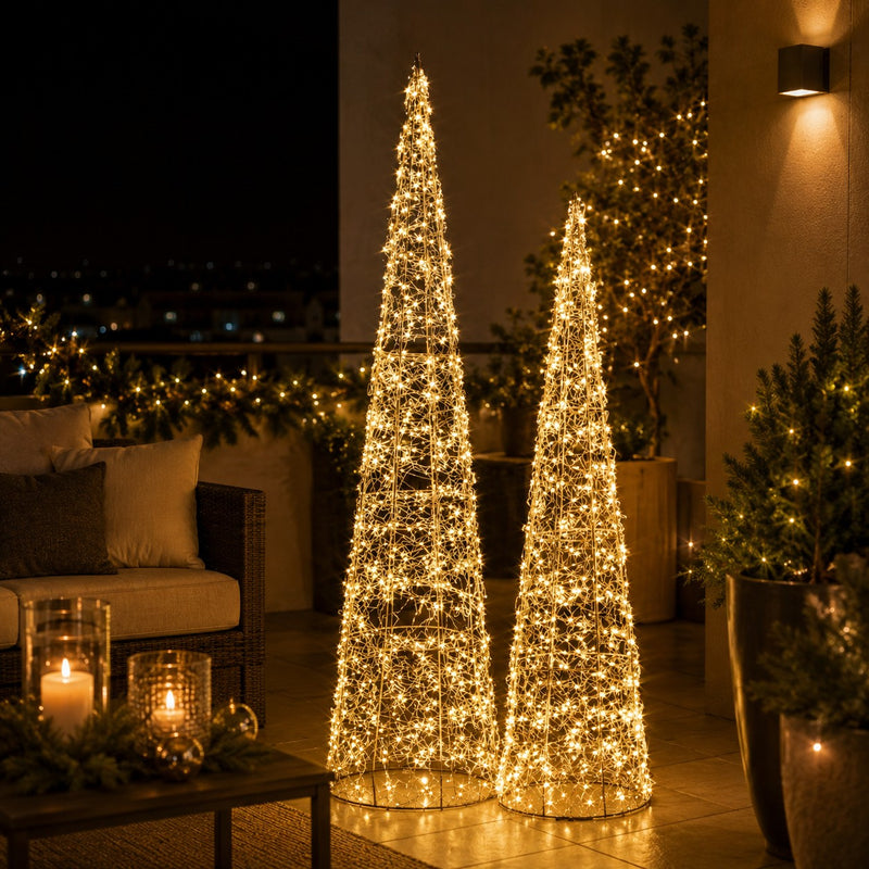 Bizzotto Set of 2 Gold Hoover Christmas Cones with Classic Micro LEDs D20x80 and D25x100 cm Lighted Decorations