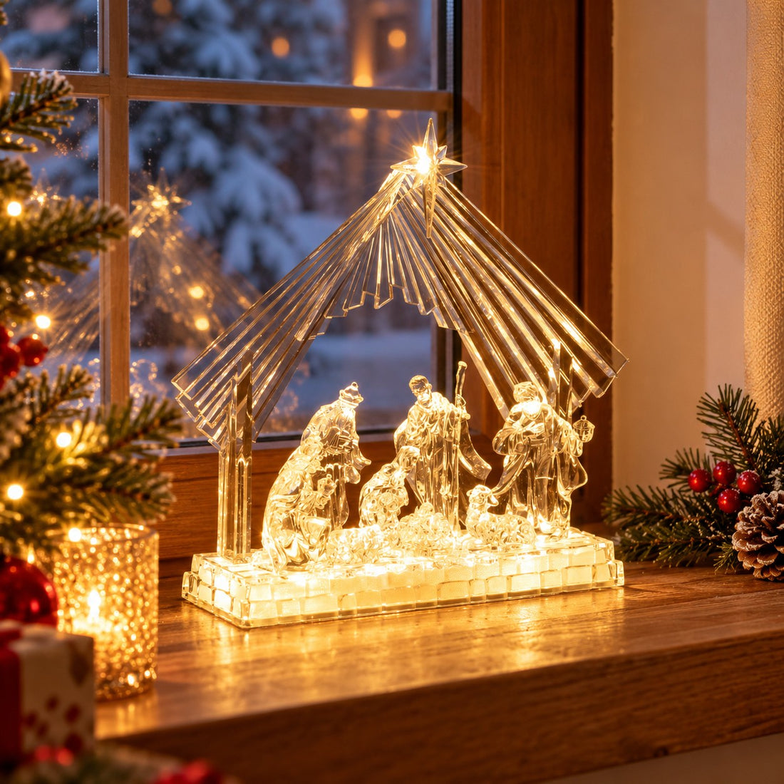 Bizzotto Silky Nativity with Crib 8 Figures H28.5 cm with LED Battery-Powered – Luminous Christmas Nativity Decorative for the Home
