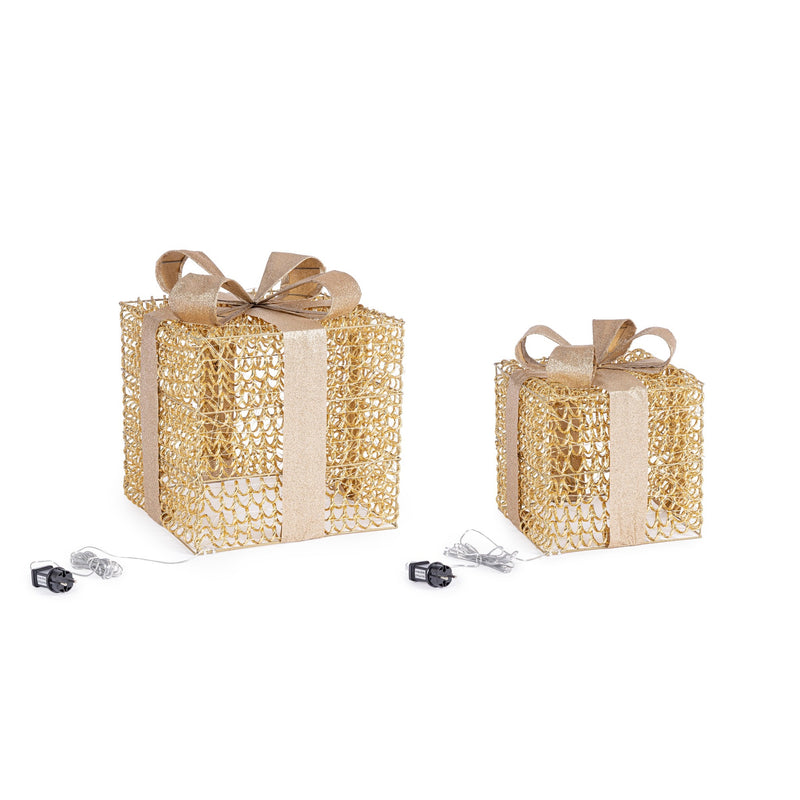 Bizzotto Set of 2 Zoe Gold Gift Boxes with Micro LED Classic 30x30x36 and 40x40x47 cm Light-Up Christmas Decorations