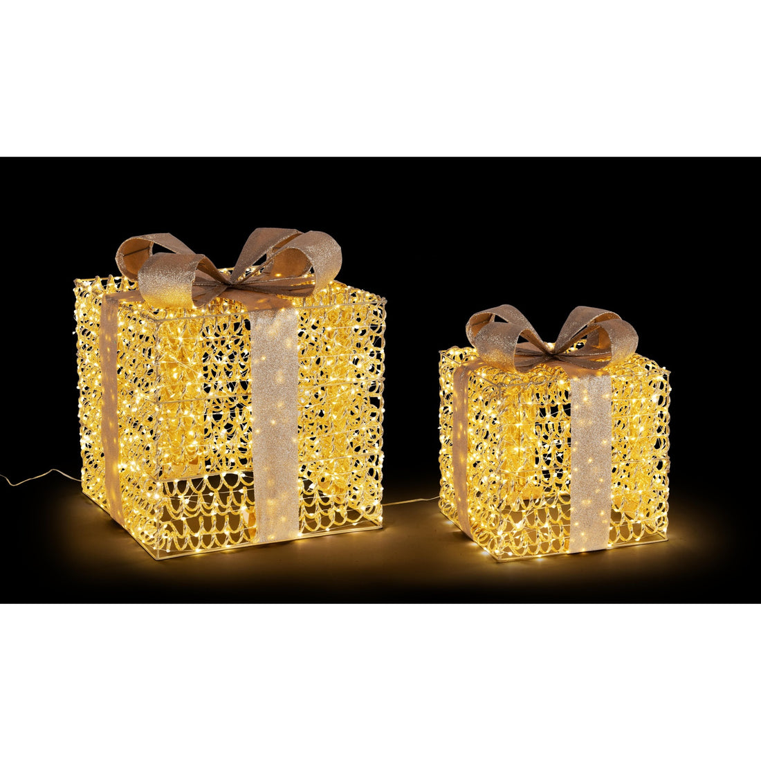 Bizzotto Set of 2 Zoe Gold Gift Boxes with Micro LED Classic 30x30x36 and 40x40x47 cm Light-Up Christmas Decorations