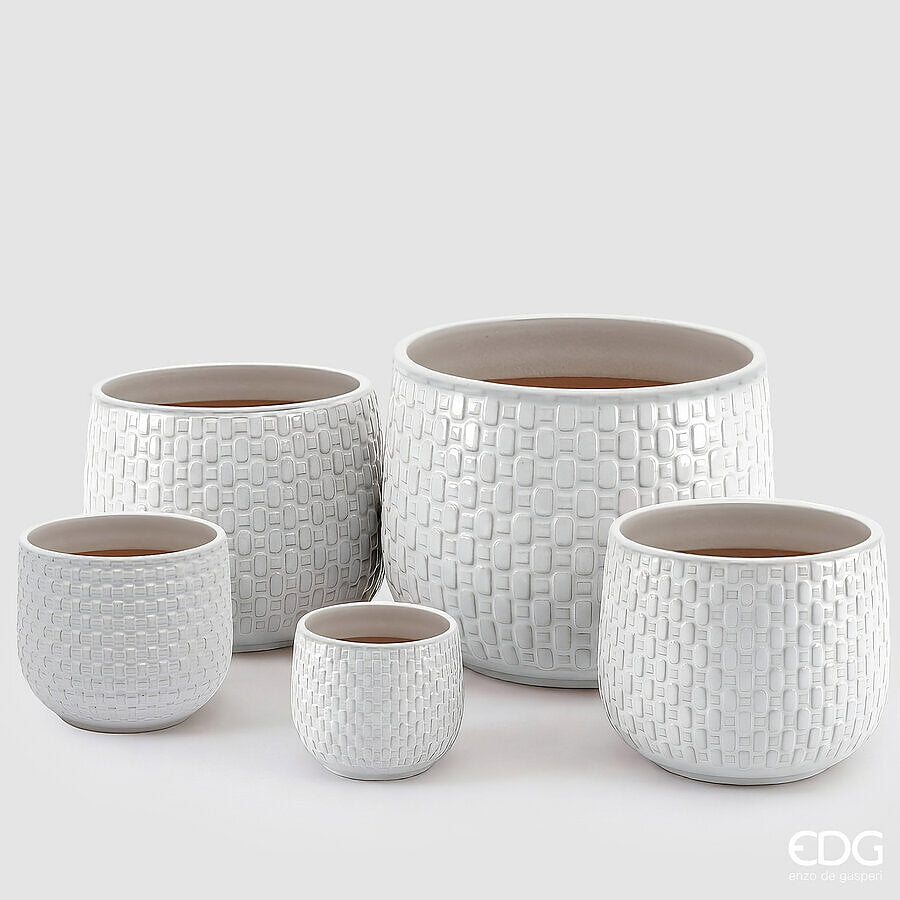 EDG Enzo De Gasperi Cachepot Vase with Raised Grid Pattern Ceramic White – Set of 5 Pcs