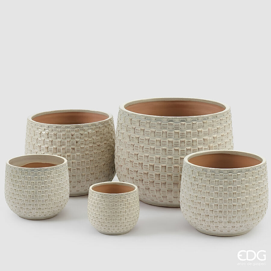 EDG Enzo De Gasperi Vase Cachepot Bombato a Riquadri Ceramic Ivory – Set 5 Pcs