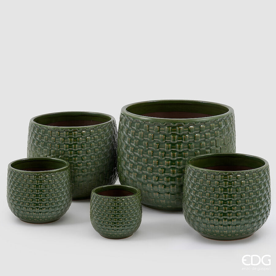 EDG Enzo De Gasperi Vase Cachepot Domed with Grid Pattern Ceramic Green – Set 5 Pcs
