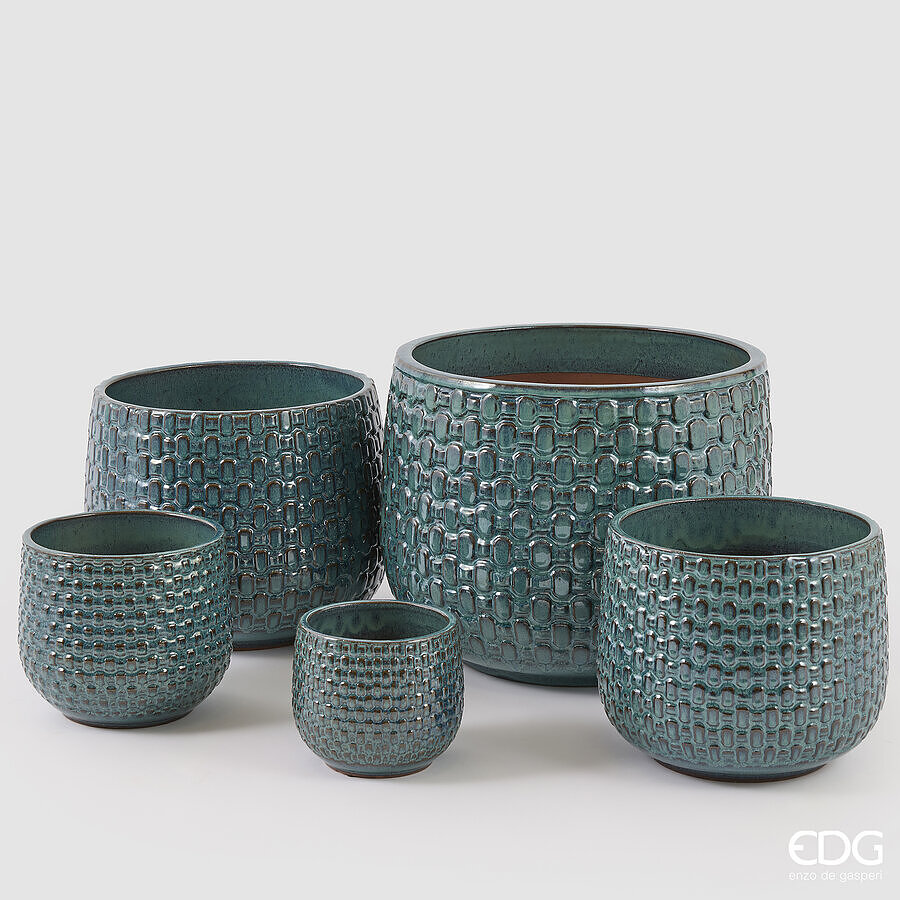 EDG Enzo De Gasperi Bulged Square-Pattern Ceramic Vase Cachepot Teal – Set 5 Pcs