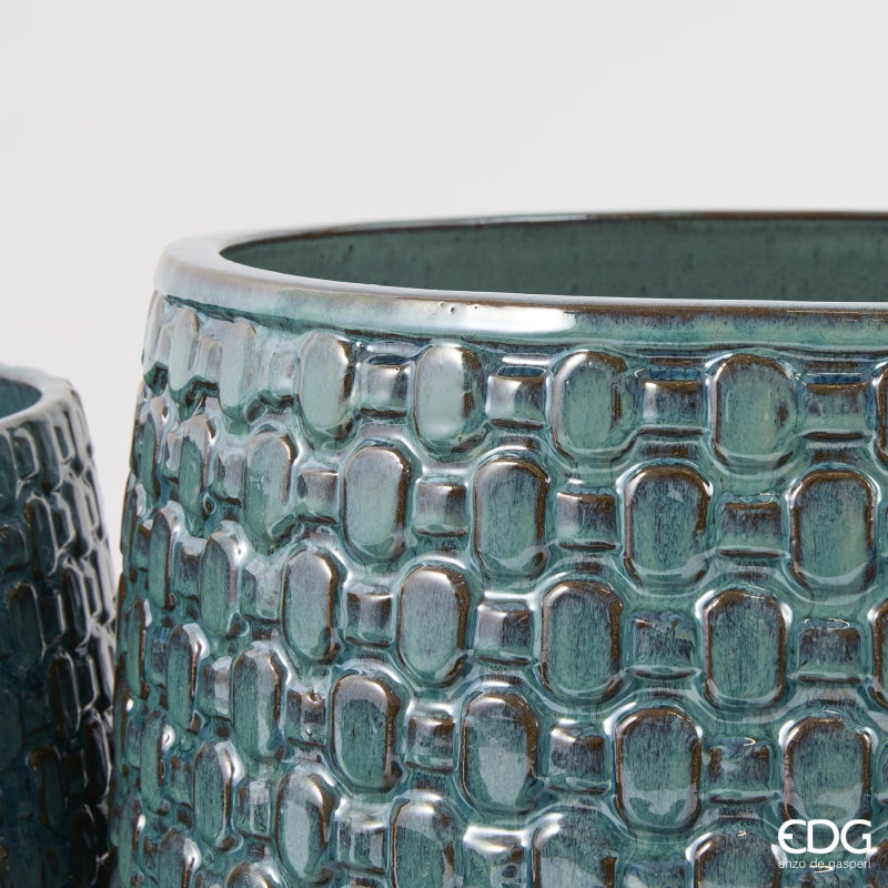 EDG Enzo De Gasperi Bulged Square-Pattern Ceramic Vase Cachepot Teal – Set 5 Pcs