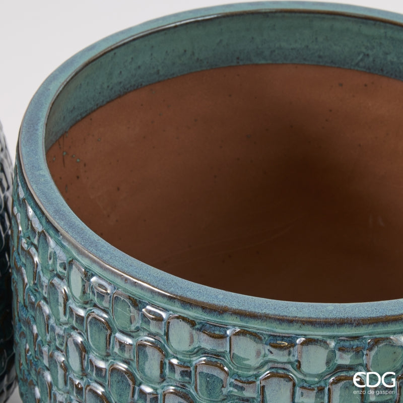 EDG Enzo De Gasperi Bulged Square-Pattern Ceramic Vase Cachepot Teal – Set 5 Pcs