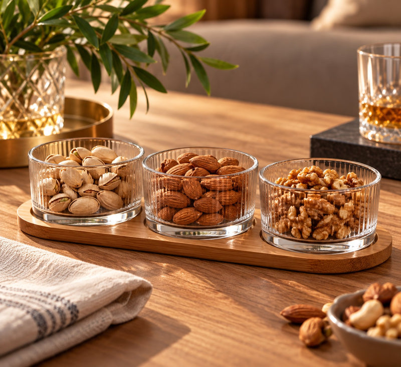 Ad Trend Set 3 Ciotole in Vetro con Vassoio in Legno Ø9xH5 cm – Servizio Ciotoline per Aperitivi, Snack e Antipasti