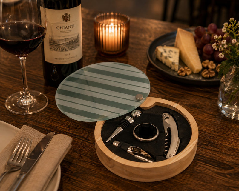 L'Arcolaio Wood Set Wine 4 Pieces in Round Wooden Box 16x3 cm Gift Idea Wine Shop