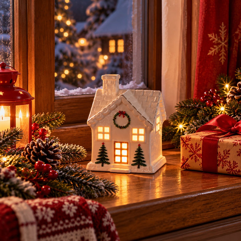 Ad Trend Casetta Natalizia in Porcellana con Luce LED 7x7xH10 cm – Decorazione Luminosa di Natale