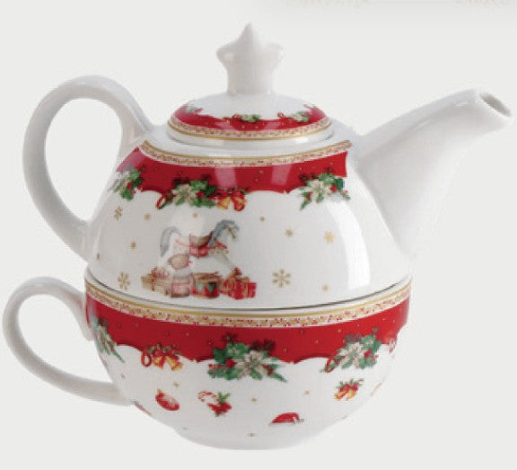 Ad Trend Set Teiera con Tazza Natalizia in Ceramica 420 ml Ø12xH11 cm – Servizio da Tè per la Tavola di Natale