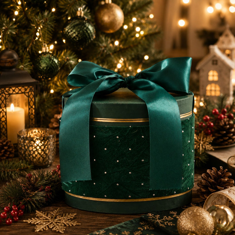 L'Arcolaio Small Round Velvet Christmas Box Green D 15.3x12.2 cm