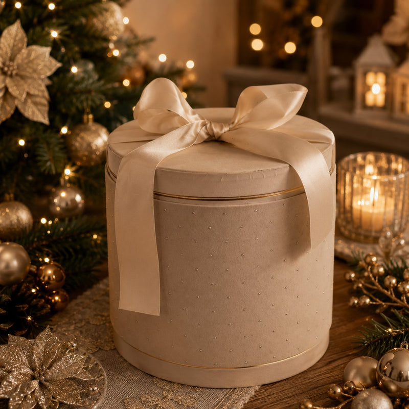 The Arcolaio Round Christmas Box in Taupe Gray Velvet D 24 x 22 Cm