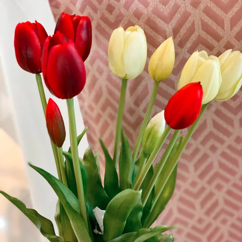 EDG Enzo De Gasperi Bouquet 5 Tulips with Leaves H 40 Cm Red