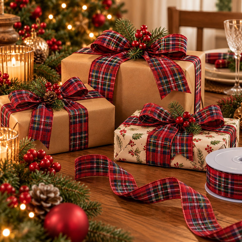 Piovaccari Red Tartan Christmas Ribbon 25 mm x 20 m – Scottish Decorative Ribbon for Christmas Tree, Bows and Gift Wrapping