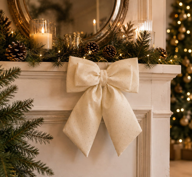EDG Enzo De Gasperi Christmas Bow in Ivory Velvet with Rhinestones H40 cm – Christmas Decoration