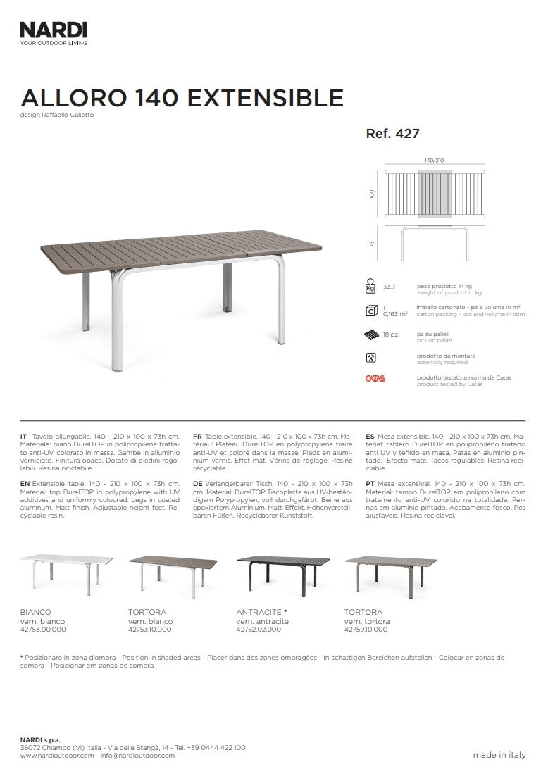 nardi nardi tavolo alloro 140 extensible 140 210 x 100 cm h 73 cm tortora ean 8010352829404
