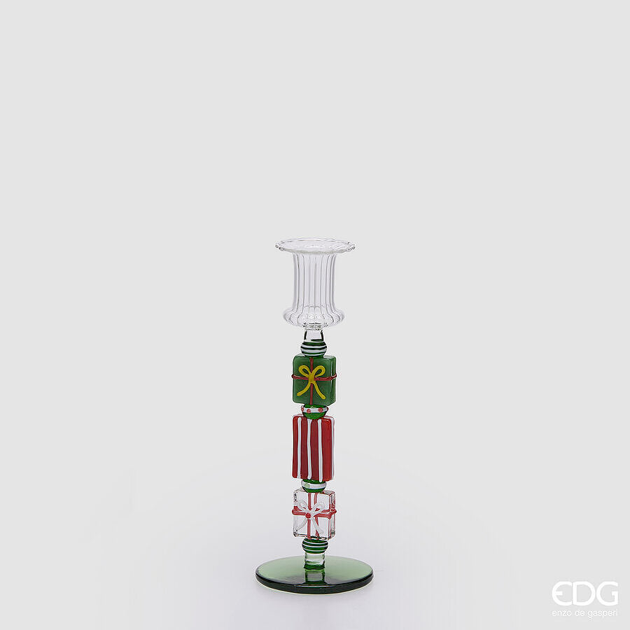EDG Enzo De Gasperi Candle Holder Pacchi Green Red H22 Ø7.5 cm – Christmas Decoration