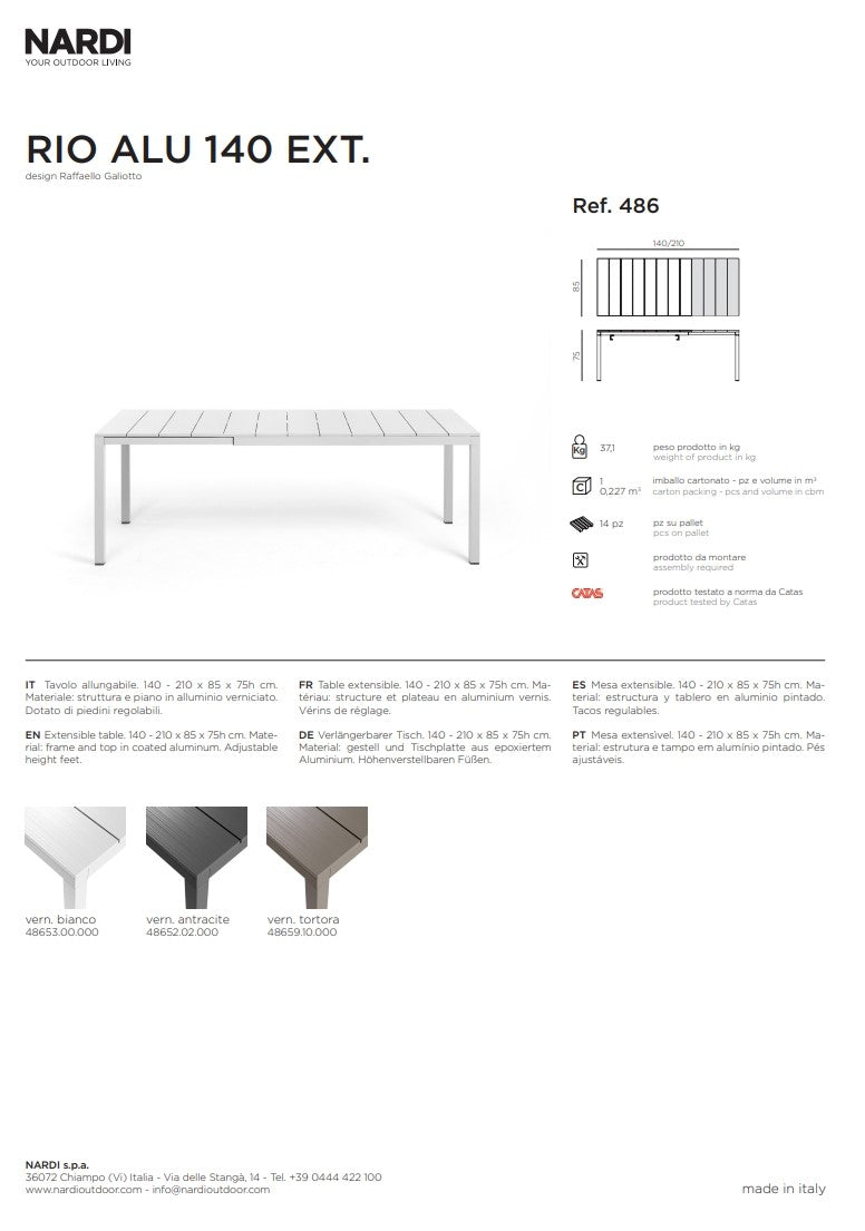 nardi nardi tavolo rio alluminio 140 extensible 140 210 x 85 cm h 75 cm bianco ean 8010352832893