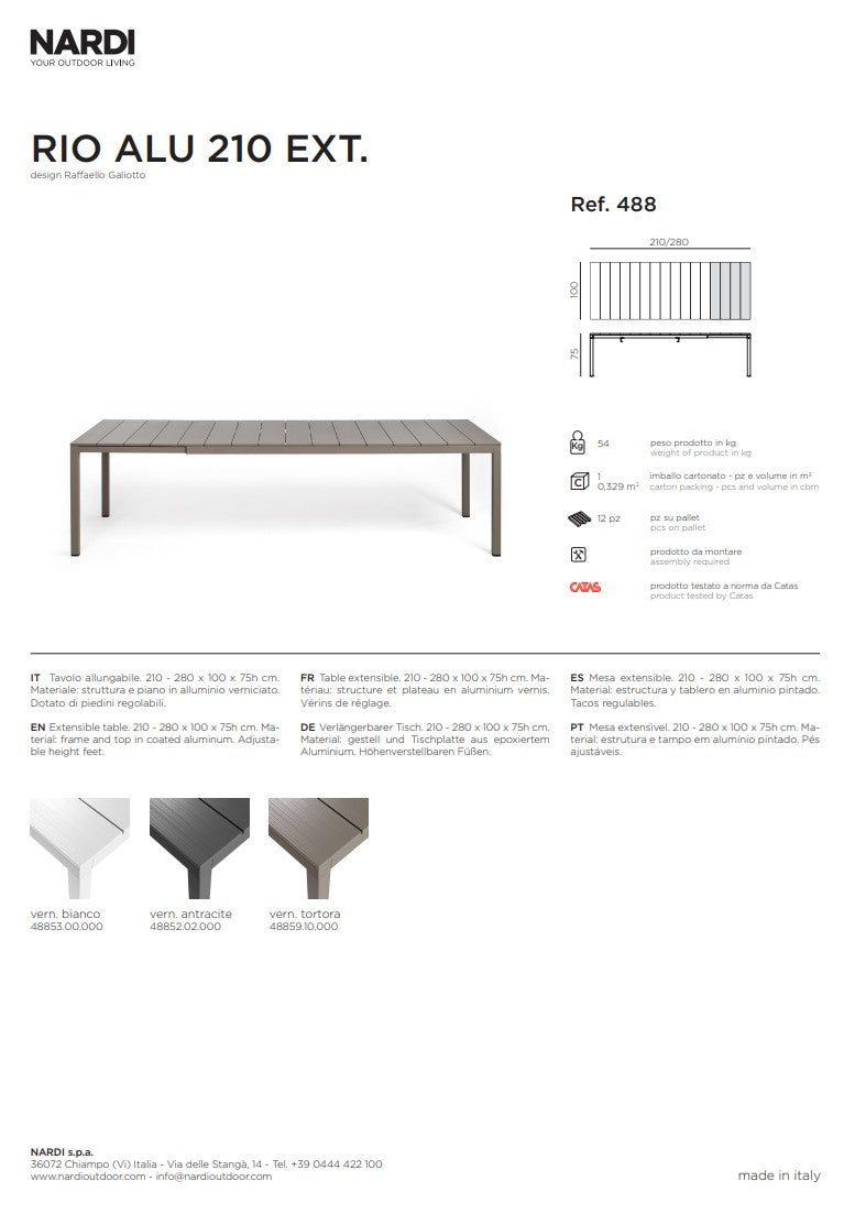 nardi nardi tavolo rio alluminio 210 extensible 210 280 x 100 cm h 75 cm antracite ean 8010352833166