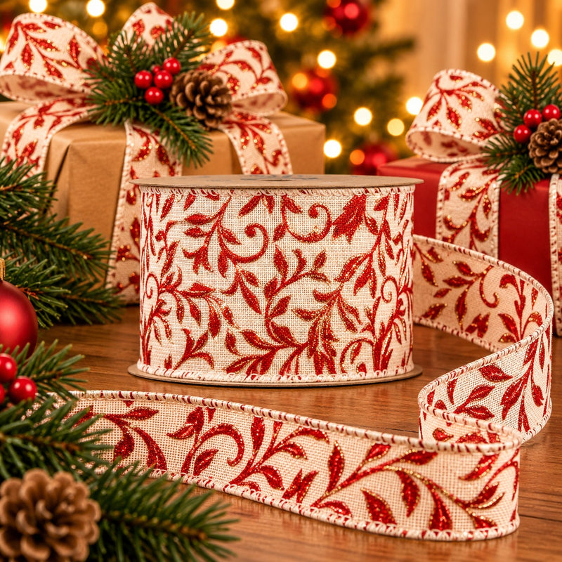 Piovaccari Red Arabesque Ribbon Red 63 mm x 10 m – Decorative Ribbon with Arabesque Pattern for Christmas Tree, Bows and Gift Wrapping