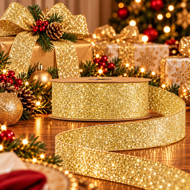 Piovaccari Desirée Gold Glitter Ribbon 40 mm x 10 m – Sparkly Christmas Ribbon for Christmas Trees, Bows and Gift Wrapping