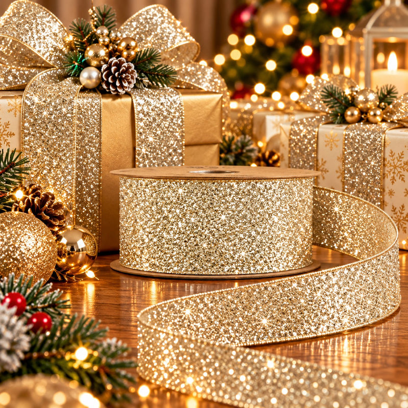 Piovaccari Ribbon Desirée Champagne 40 mm x 10 m – Decorative Christmas Ribbon for Christmas Trees, Bows and Gift Wrapping