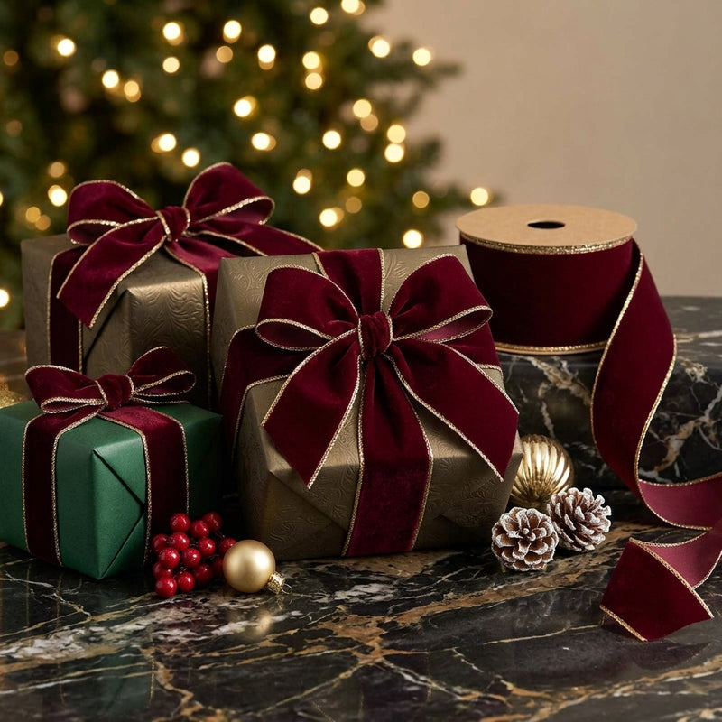 Piovaccari Double Sides Velvet & Glitter Ribbon Dark Red 63 mm x 10 m – Velvet and Glitter Christmas Ribbon for Christmas Trees, Bows and Gift Wrapping