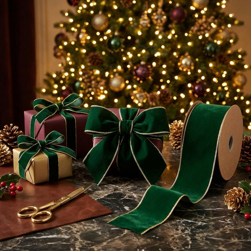 Piovaccari Double Sides Velvet & Glitter Ribbon Dark Green 63 mm x 10 m – Christmas Velvet and Glitter Ribbon for Christmas Trees, Bows and Gift Wrapping