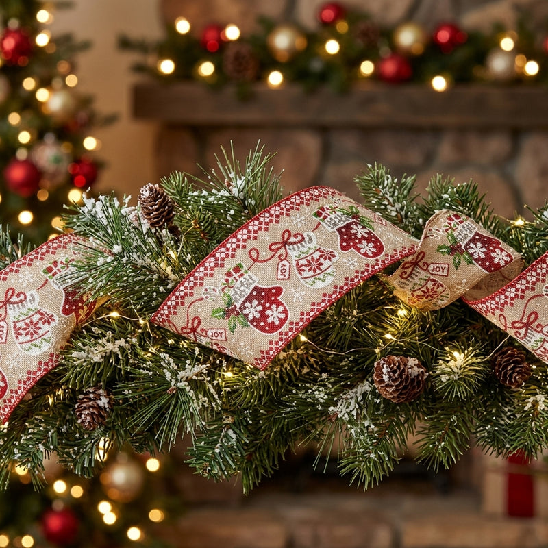 Piovaccari Ribbon Christmas Gloves 63 mm x 10 m – Decorative Christmas Ribbon with Christmas Gloves Pattern for Trees, Bows and Gift Wrapping