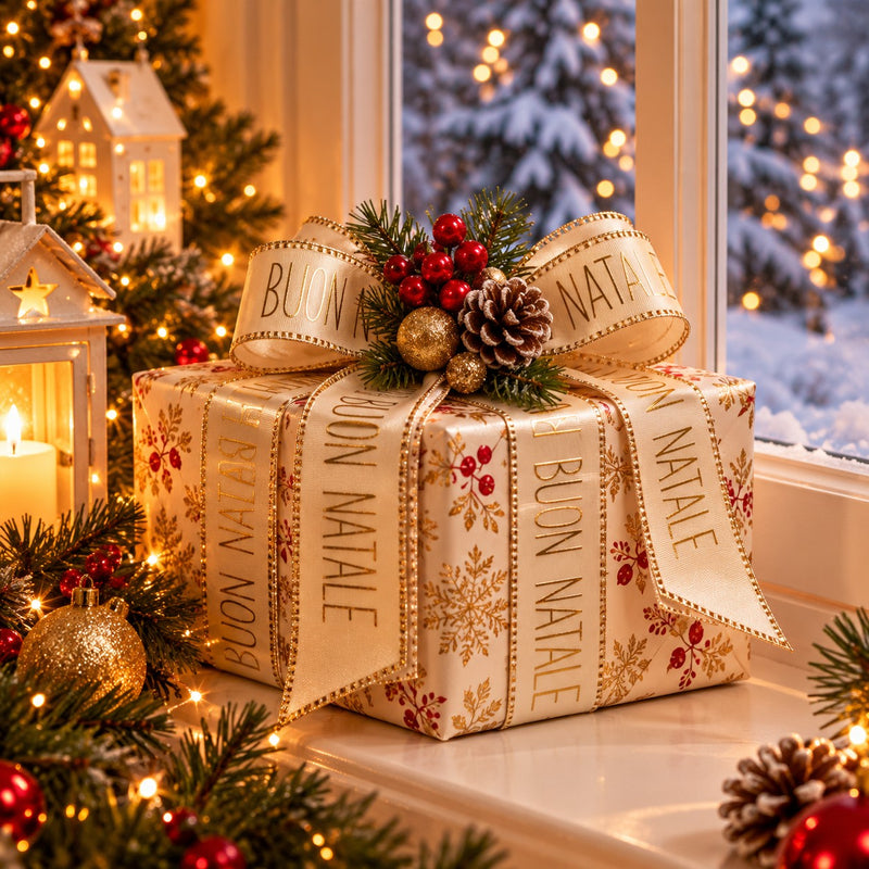 Piovaccari Nastro Buon Natale Cream 40 mm x 15 m – Cream Christmas Decorative Ribbon with "Buon Natale" Lettering for Trees, Bows, Gift Parcels and Christmas Decorations