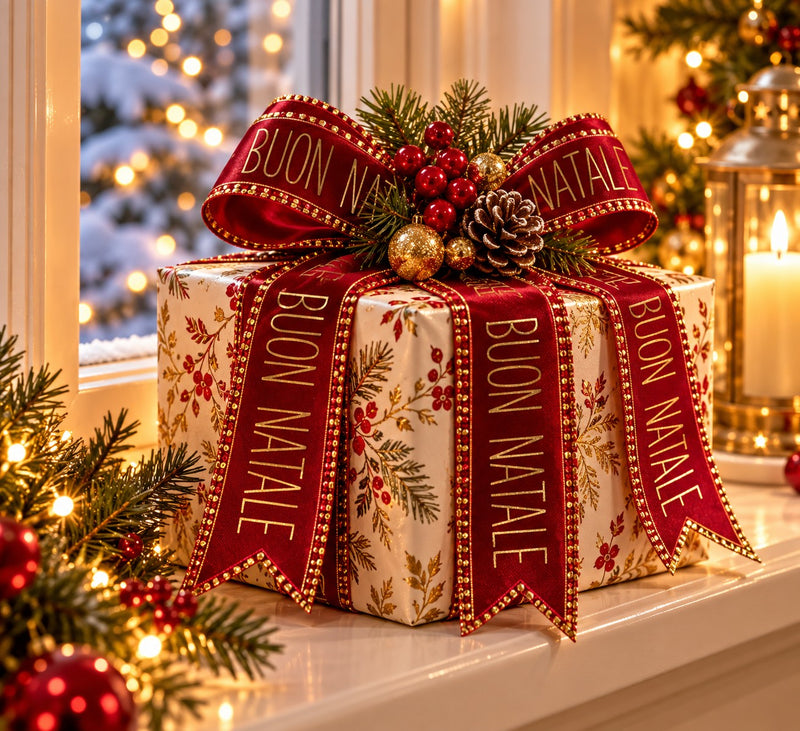 Piovaccari Nastro Buon Natale Red Dahlia Red 40 mm x 15 m – Decorative Christmas Ribbon with "Buon Natale" Lettering for Trees, Bows, Gift Parcels and Christmas Decorations