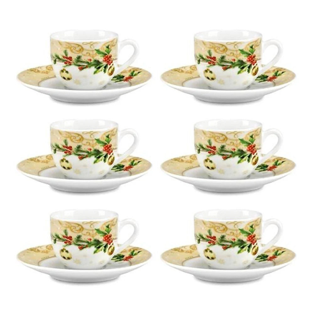 Fade Holly Set of 6 Christmas Coffee Cups with Saucers 100 ml Multicolor