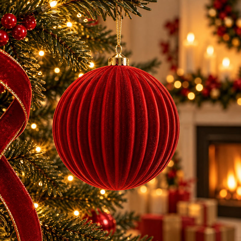 EDG Enzo De Gasperi Velvet Striped Christmas Ball Red Ø17.5 cm – Christmas Decoration
