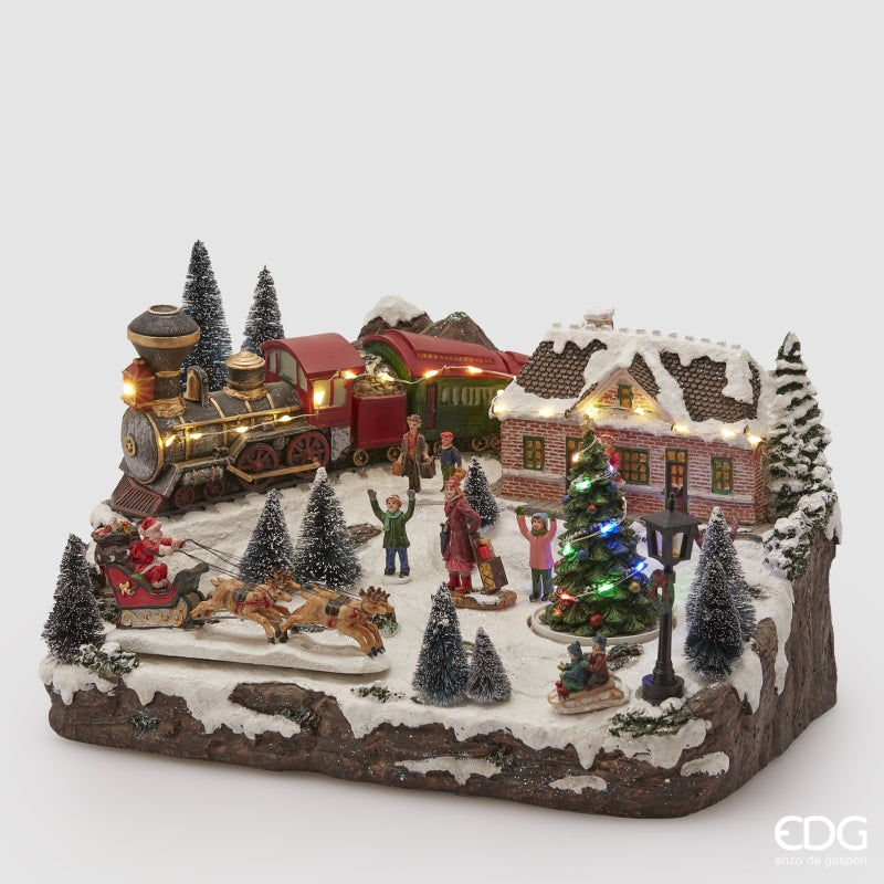 EDG Enzo De Gasperi Train Station with Led Christmas H 24 Cm 38 x 27 Cm Multicolor