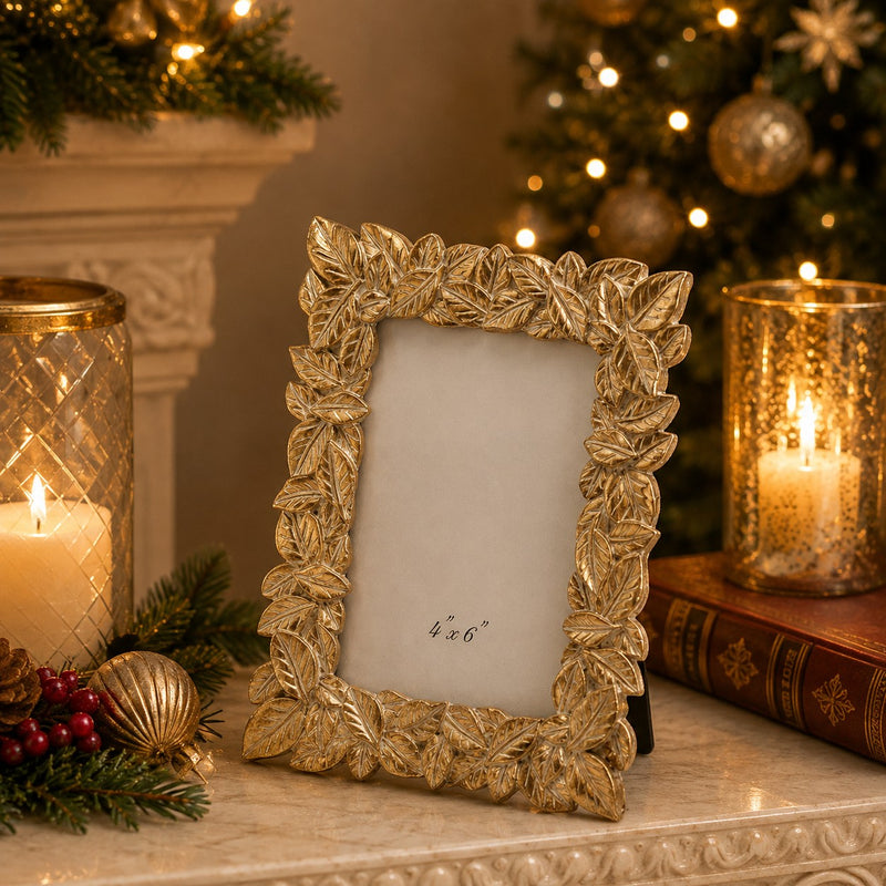 EDG Enzo De Gasperi Christmas Photo Frame, Leaves Mix, 20 x 16 cm, Gold