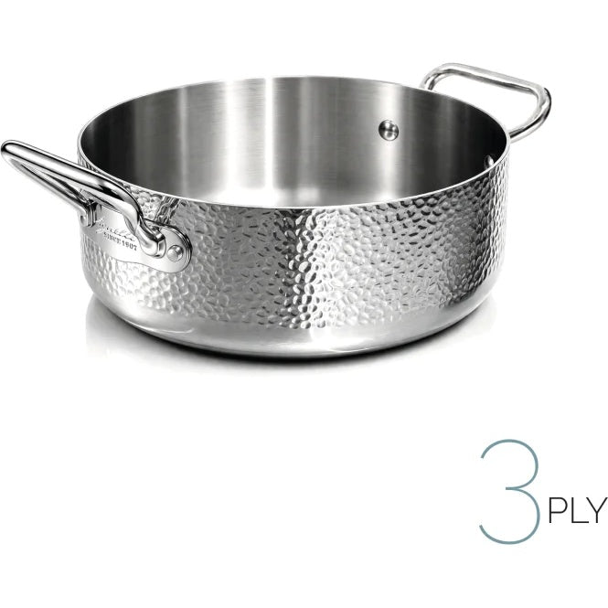 AGNELLI Low Hammered Aluinox 3 Ply Casserole 20x6 Cm with 2 Stainless Steel Handles