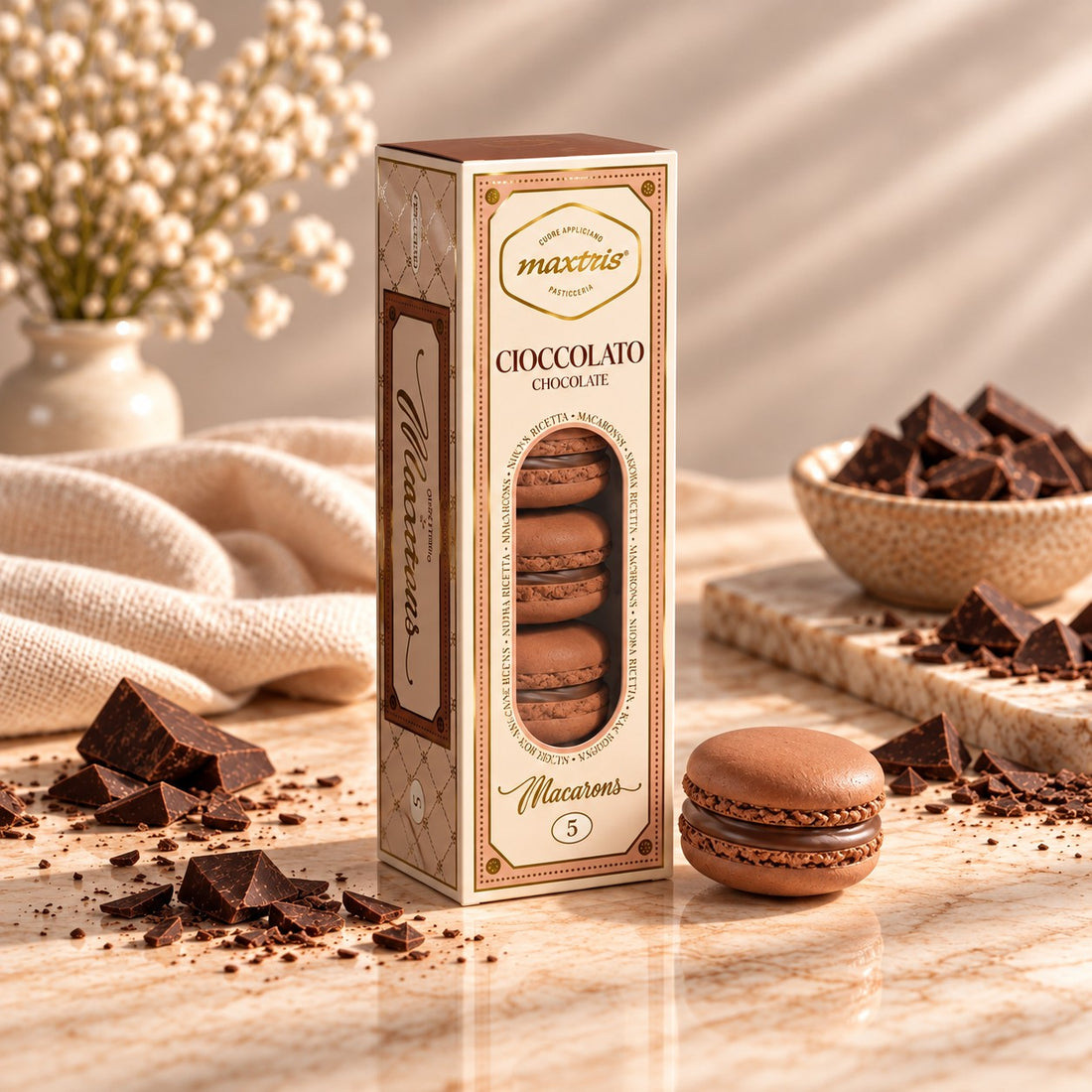 Maxtris Macarons Cacao Tortora 70 g 5 Pezzi – Dolcetti Macarons al Gusto Cacao per Feste, Confettate e Idee Regalo