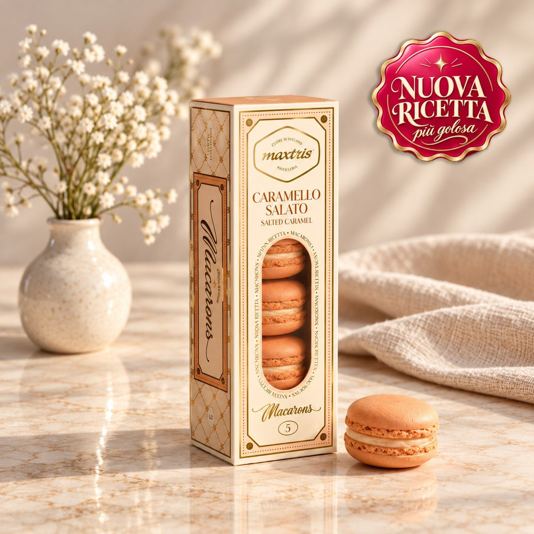 Maxtris Macarons Caramello Salato 70 g 5 Pezzi Senza Glutine – Dolcetti Macarons al Gusto Caramello Salato per Feste, Confettate e Idee Regalo