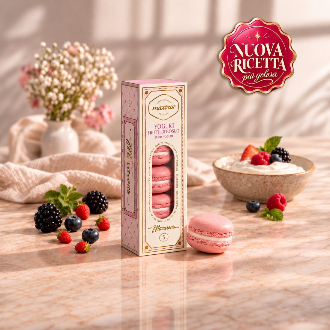 Maxtris Macarons Yogurt Pink 70 g 5 Pcs – Almond Macaron Sweets with Creamy Yogurt Filling for Parties, Sugared Almond Displays and Gift Ideas