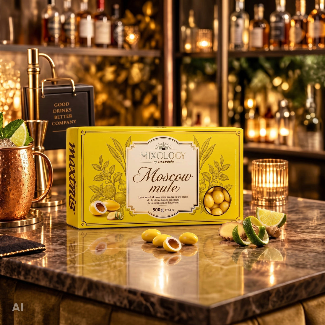 Maxtris Sugared Almonds Mixology Moscow Mule 500 g – Yellow Sugared Almonds with White Chocolate and Liqueur-Filled Liquorous Heart