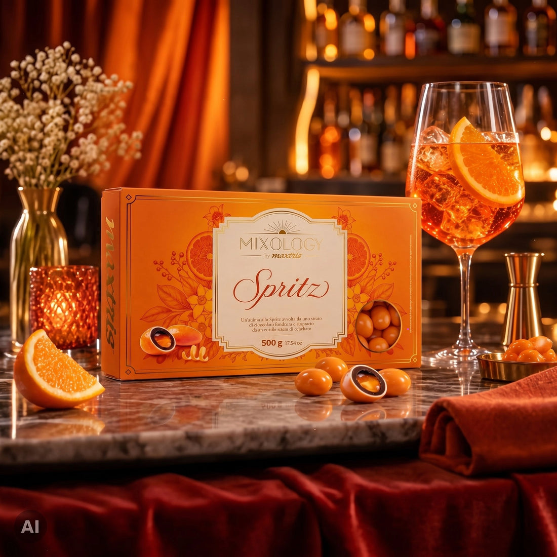 Maxtris Confetti Mixology Spritz 500 g – Orange Sugared Almonds with Dark Chocolate and Spritz Liqueur Filling for Parties and Events