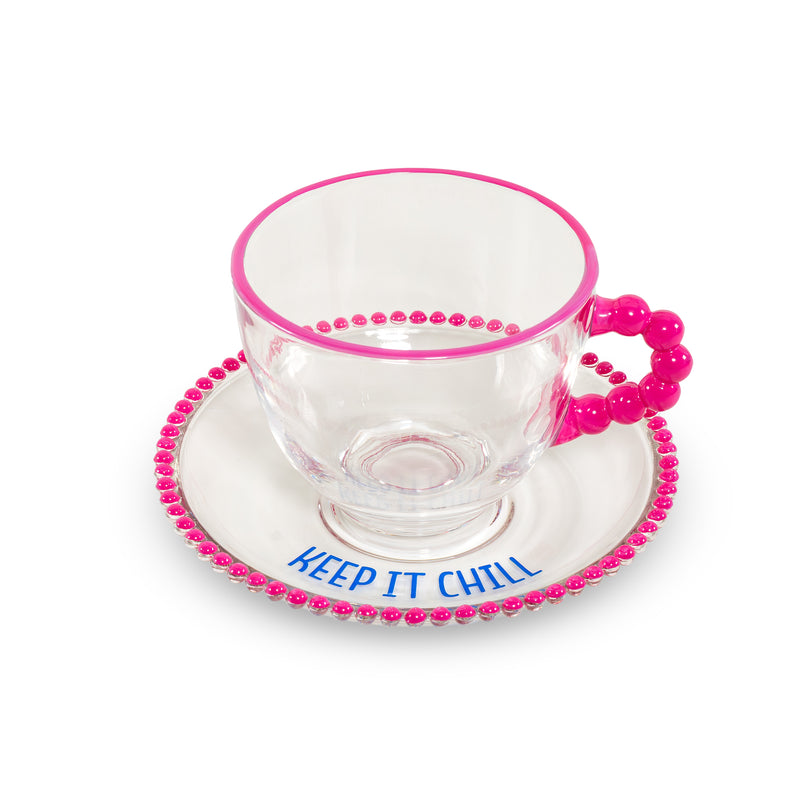 WD LifeStyle Set of 2 Glass Mugs, 230 ml, with Saucers, "Take it slow" and "Keep it chill" Decoration, Pink Blue
