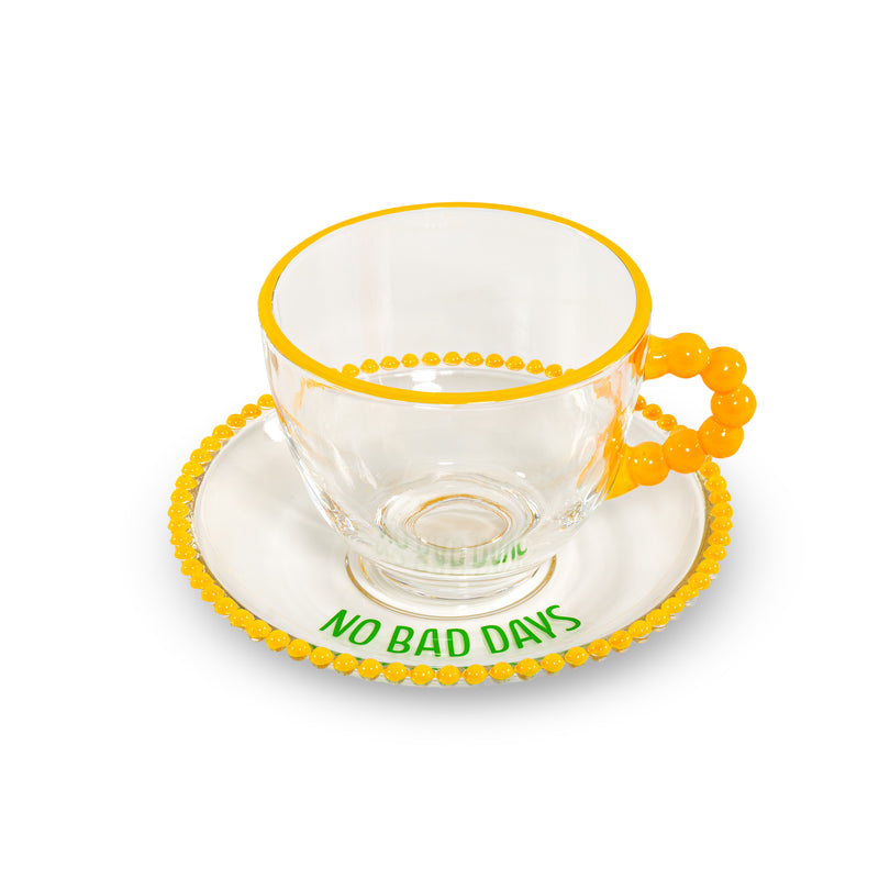 WD LifeStyle Set of 2 Glass Cups 230 ml with Saucer "Good energy only" and "No bad days" Decoration Yellow Green