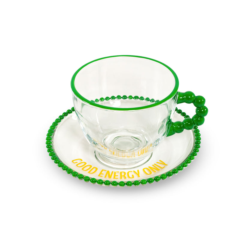 WD LifeStyle Set of 2 Glass Cups 230 ml with Saucer "Good energy only" and "No bad days" Decoration Yellow Green