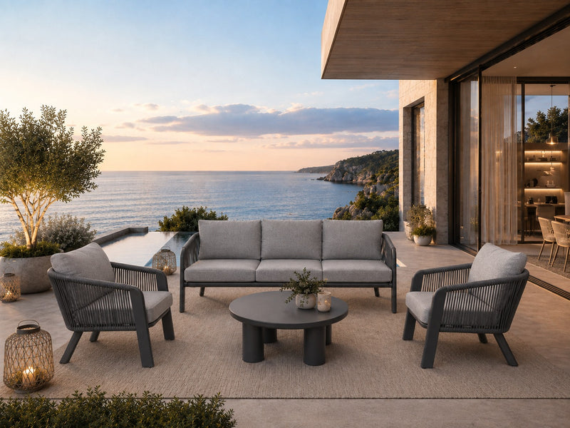Moia Greenwood SANTA CRUZ Lounge Set in Anthracite Aluminium and Grey Rope – 2 Armchairs, 3-Seater Sofa and Coffee Table