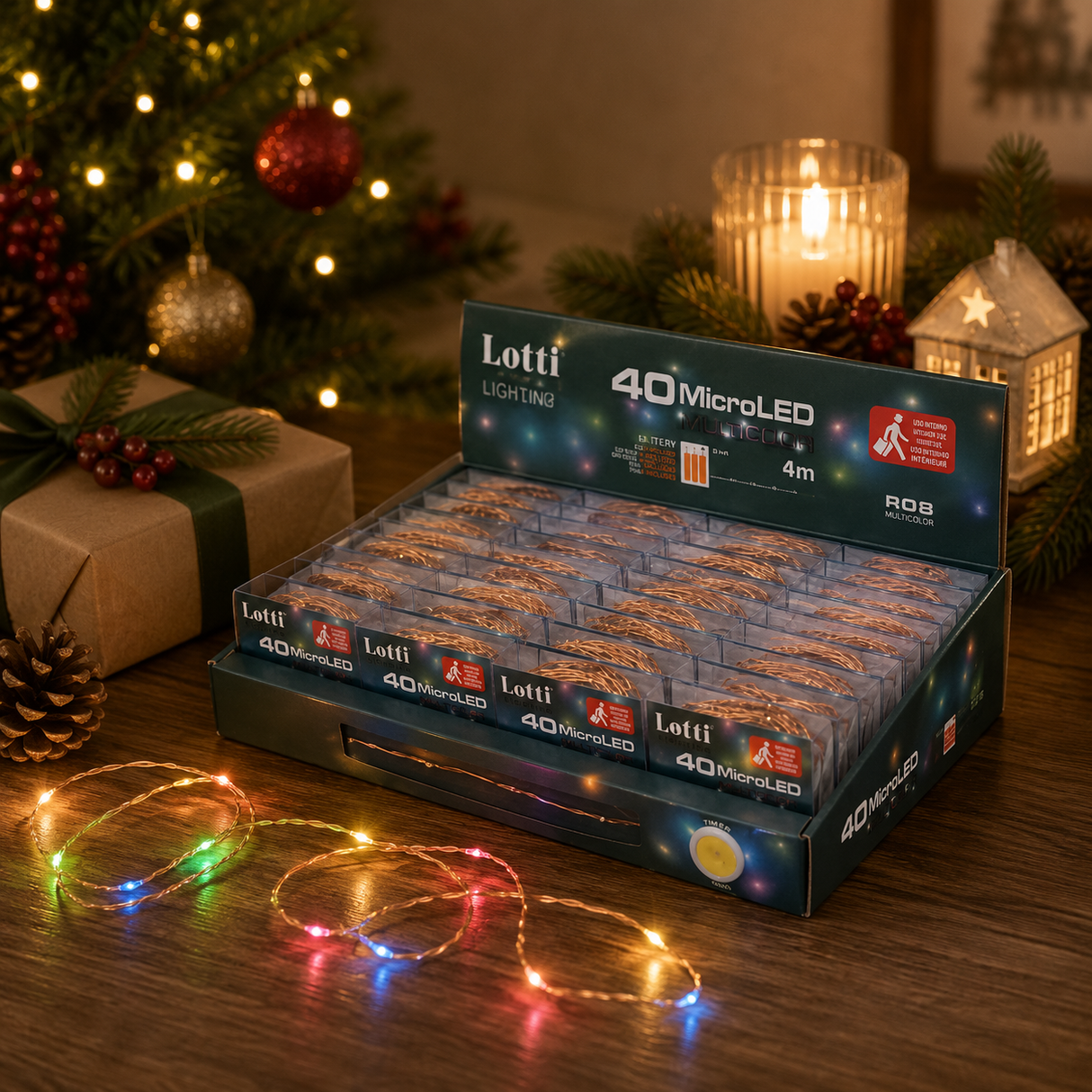 Lots Christmas Chain 40 Micro LED RGB 4 Mt 3 x AA PVC Box