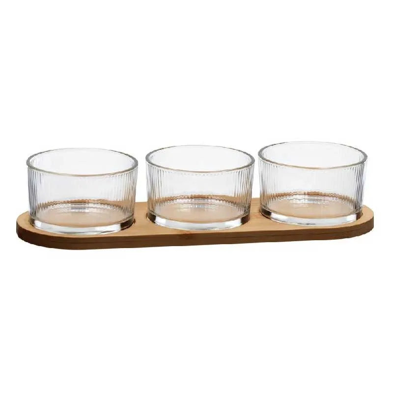 Ad Trend Set 3 Ciotole in Vetro con Vassoio in Legno Ø9xH5 cm – Servizio Ciotoline per Aperitivi, Snack e Antipasti