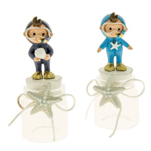 Barattolo sub porta confetti Etm in resina H.11 cm: bomboniera originale battesimo e nascita tema mare. Venduto singolarmente, 2 varianti.